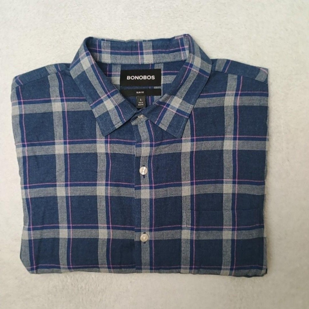 Bonobos Shirt Mens L Blue Plaid Flannel Button-Up Slim Fit Collared Long Sleeve